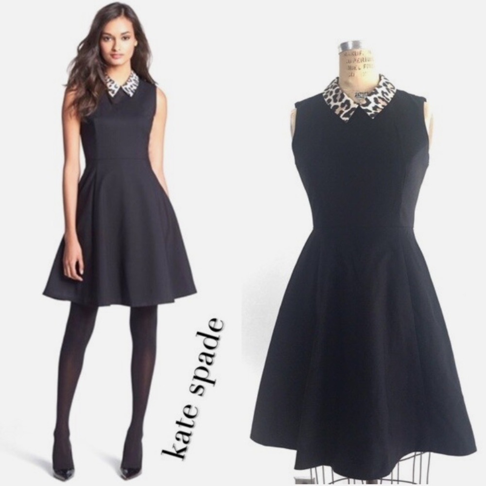 Kate Spade Rissa Fit Flare Mini Dress Leopard Collar Lined Black Size 8